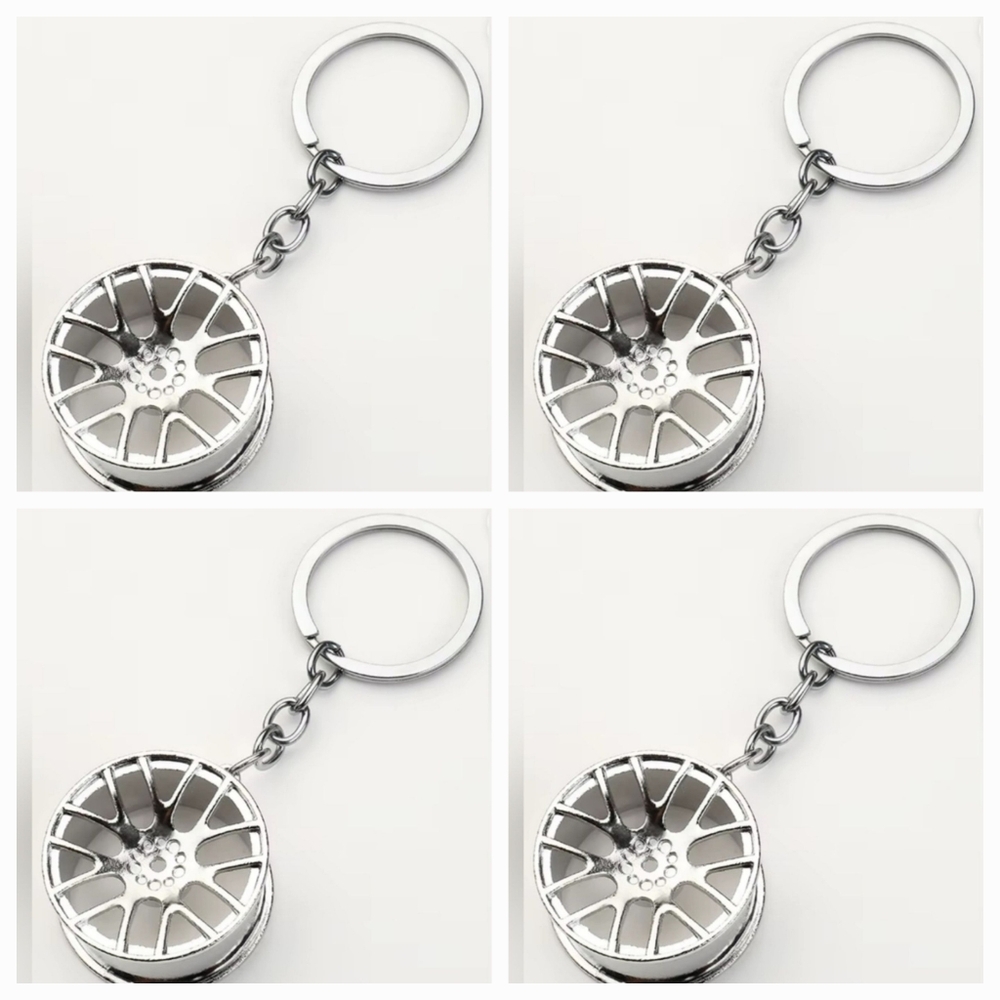 4 NEW Car Wheel Rim Metal Keychains Silver